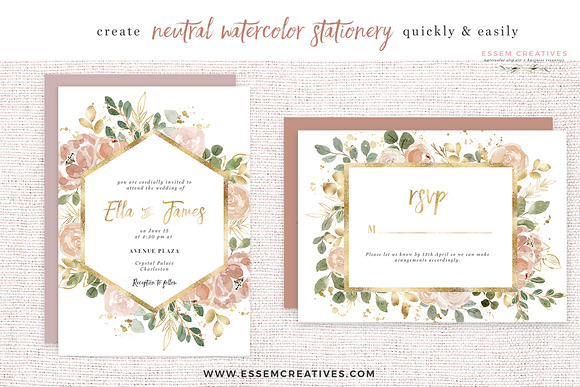 Neutral Watercolor Florals with Gold in Illustrations - product preview 1