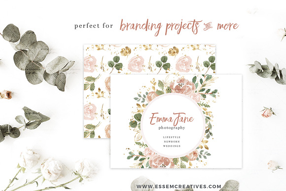Neutral Watercolor Florals with Gold in Illustrations - product preview 2