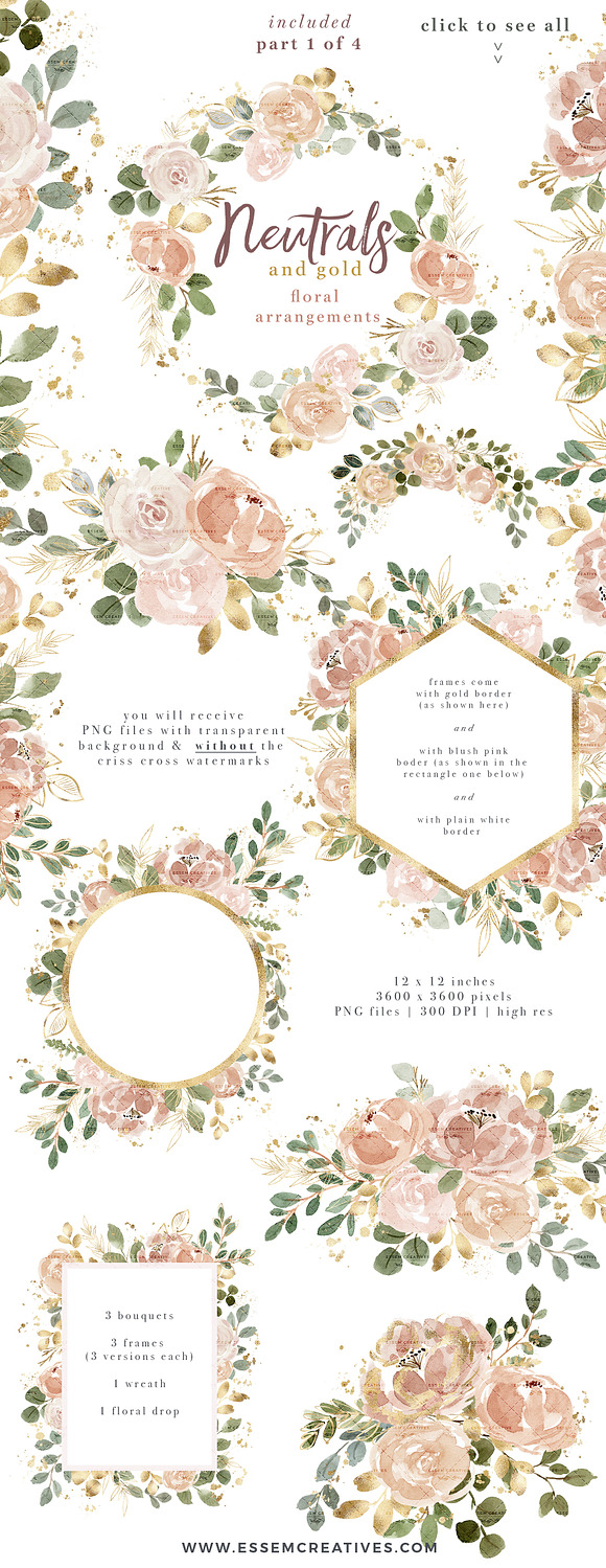 Neutral Watercolor Florals with Gold in Illustrations - product preview 3