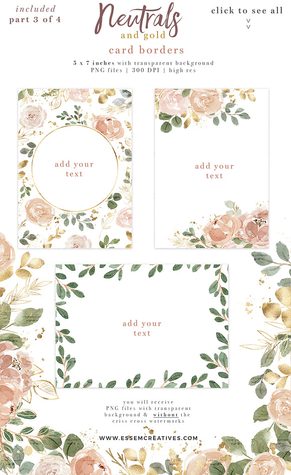 Neutral Watercolor Florals with Gold in Illustrations - product preview 5