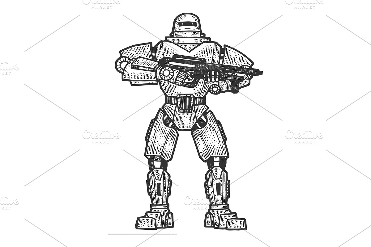 Robot Soldier sketch engraving in Illustrations - product preview 8