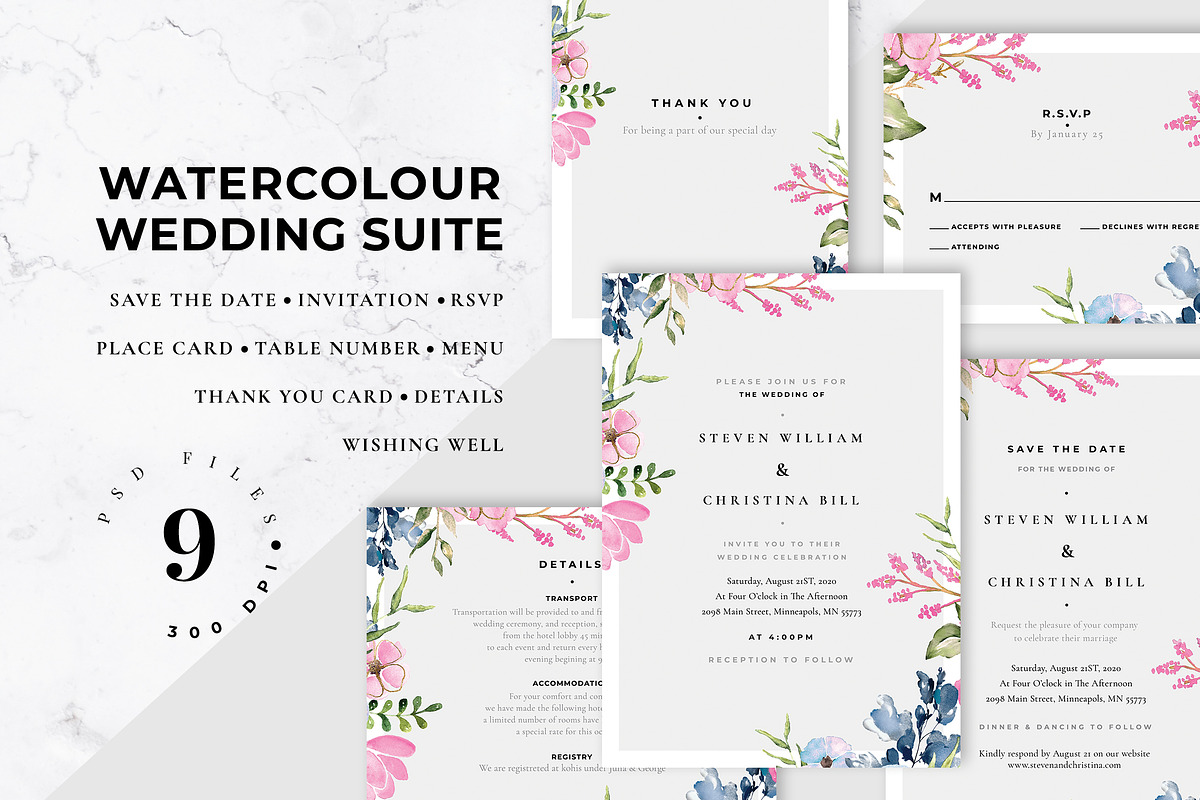 Watercolour Wedding Invitation in Wedding Templates - product preview 8