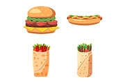 Fast food icon set, cartoon style