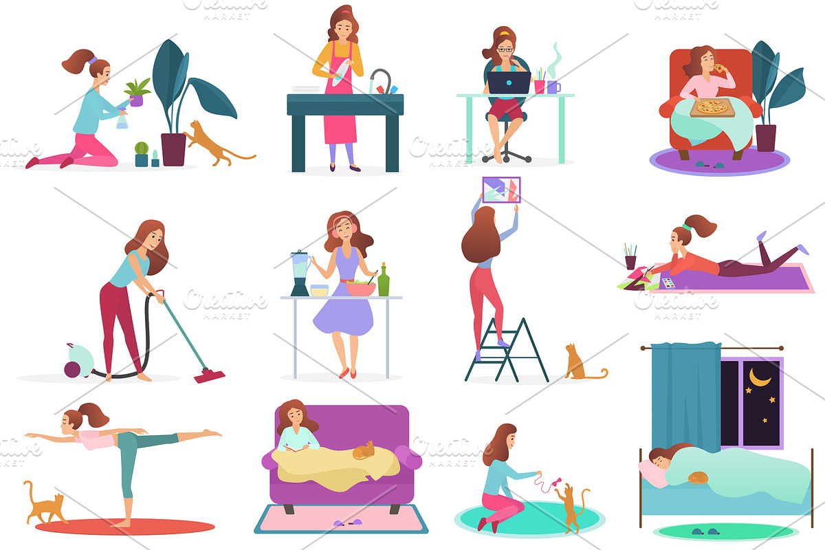 Young woman home activities in Illustrations - product preview 8