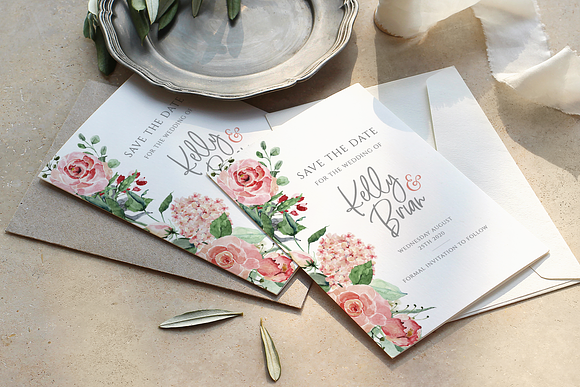 Pink watercolour floral wedding set in Wedding Templates - product preview 1