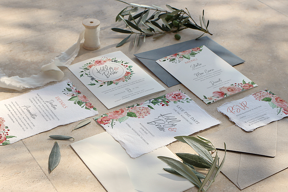 Pink watercolour floral wedding set in Wedding Templates - product preview 2