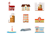 Buildings icon set, cartoon style