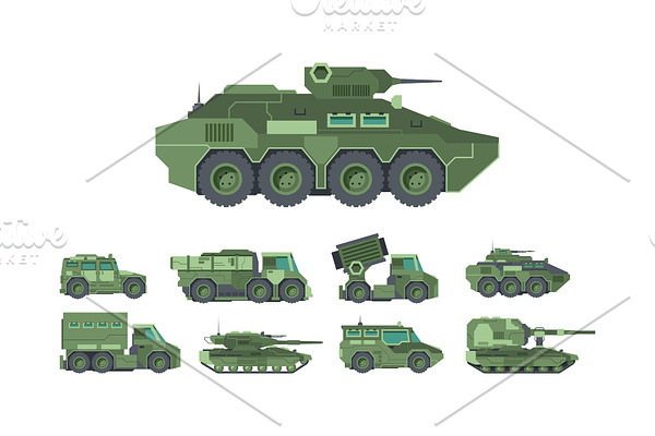 Military cars, war vehicles flat