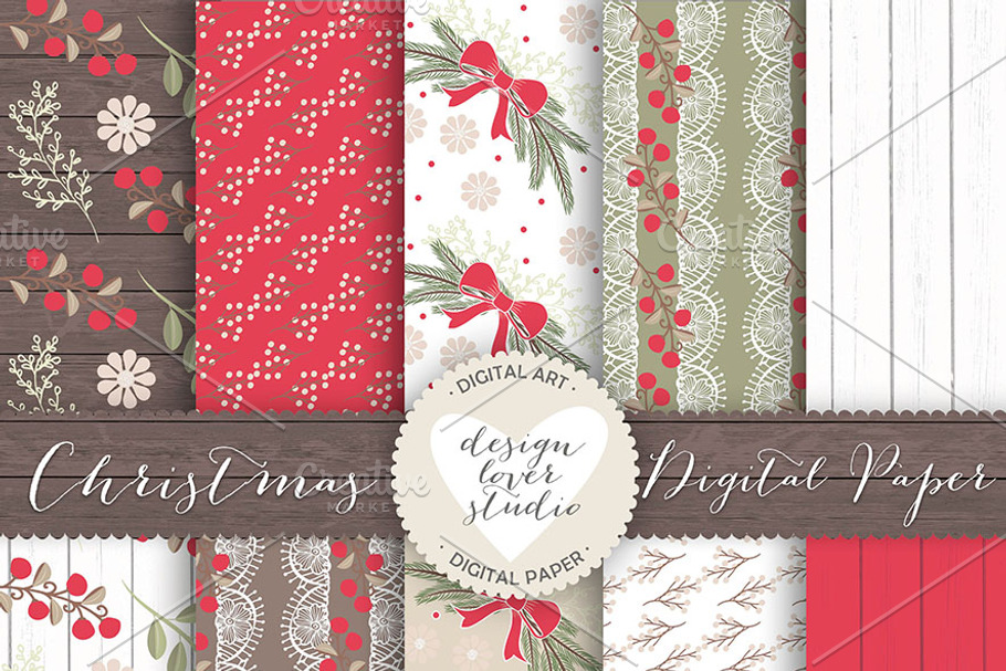 Rustic christmas digital papers in Patterns - product preview 8