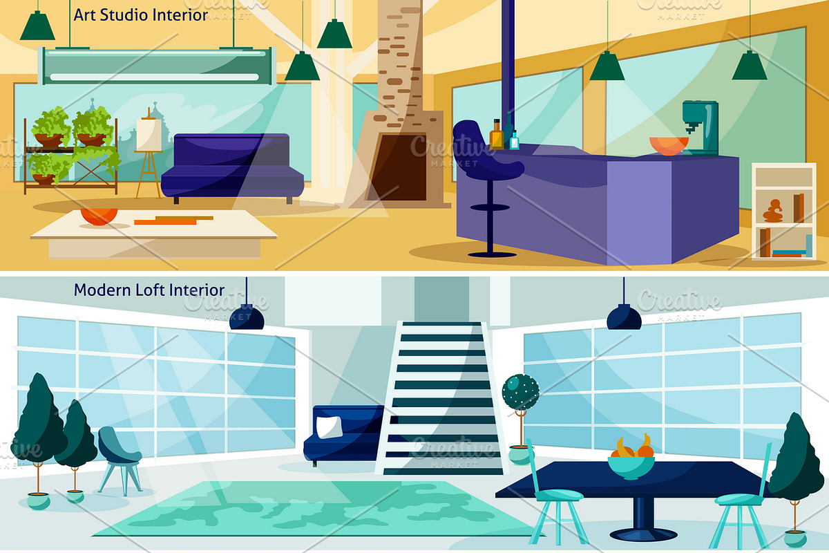 Loft studio interiors concept in Illustrations - product preview 8