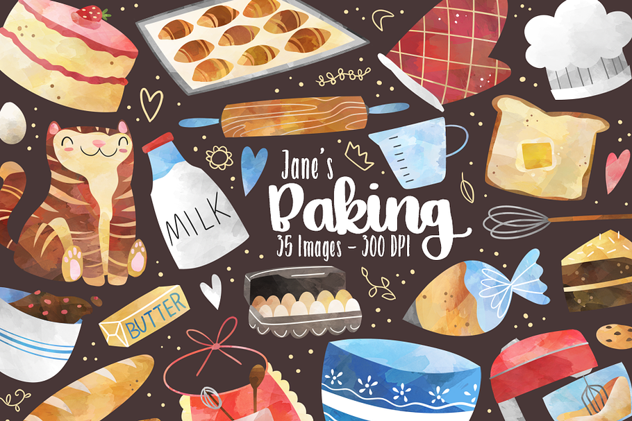 Watercolor Baking Clipart in Illustrations - product preview 8