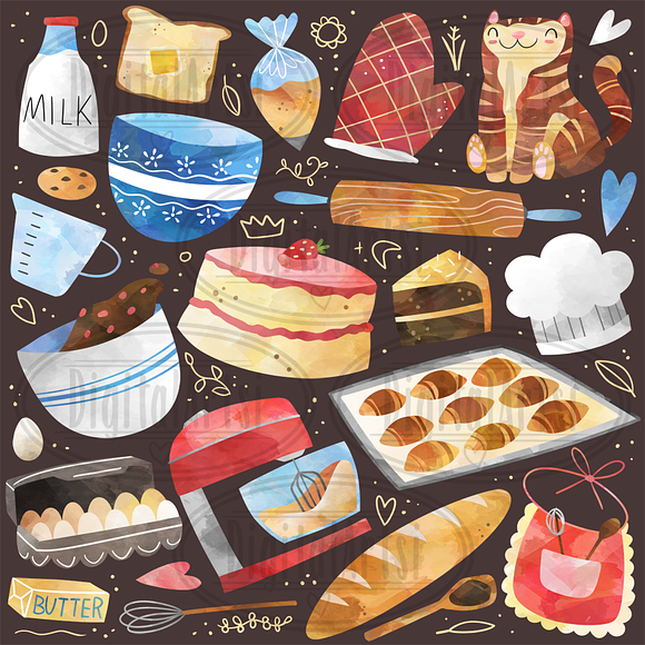 Watercolor Baking Clipart in Illustrations - product preview 1