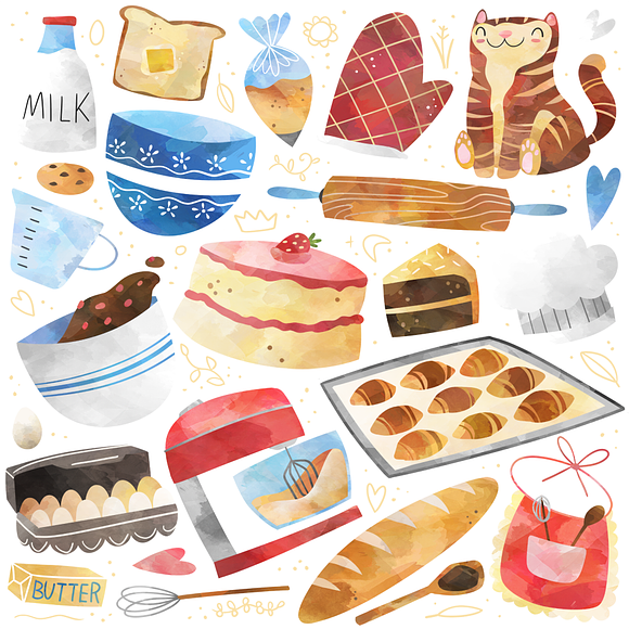 Watercolor Baking Clipart in Illustrations - product preview 2