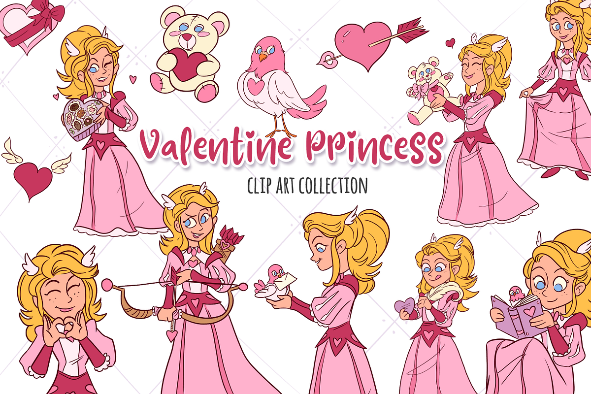 Valentine Princess In Pink Clip Art in Illustrations - product preview 8