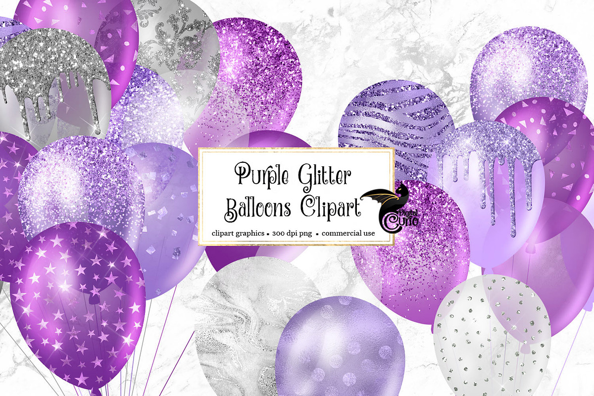 Purple Glitter Balloon Clipart in Illustrations - product preview 8