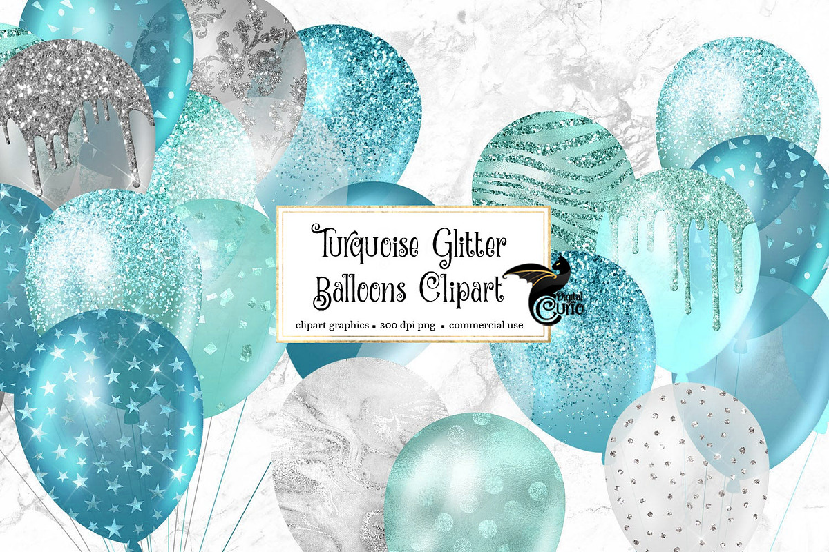 Turquoise Glitter Balloons Clipart in Illustrations - product preview 8