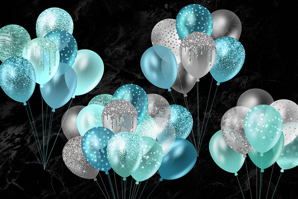 Turquoise Glitter Balloons Clipart in Illustrations - product preview 2