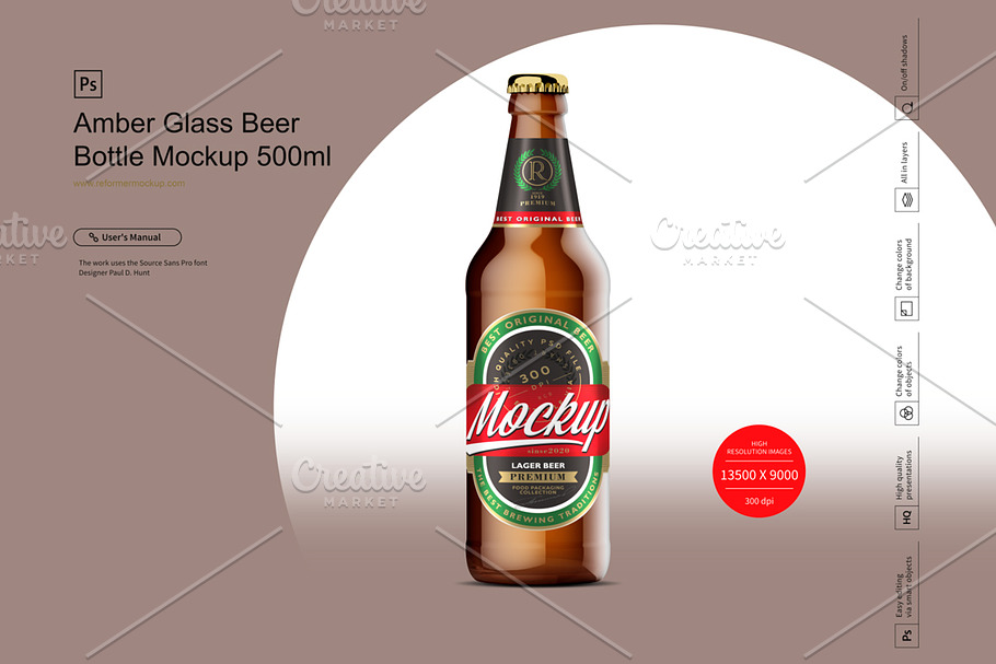 Amber Glass Beer Bottle Mockup 500ml in Product Mockups - product preview 8