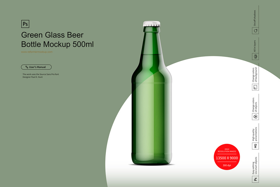 Green Glass Beer Bottle Mockup 500ml in Product Mockups - product preview 8