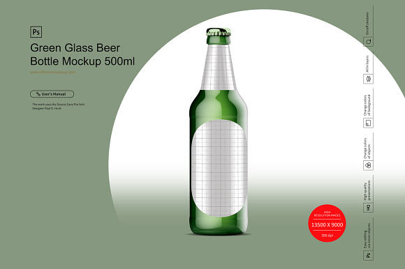 Green Glass Beer Bottle Mockup 500ml in Product Mockups - product preview 2