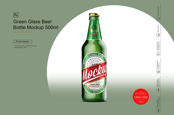 Green Glass Beer Bottle Mockup 500ml in Product Mockups - product preview 5