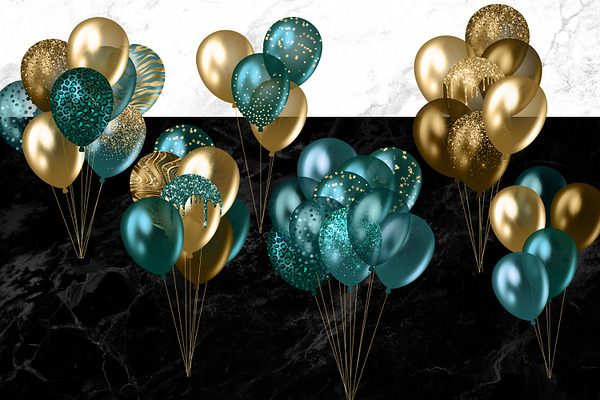 Teal and Gold Balloons Clipart