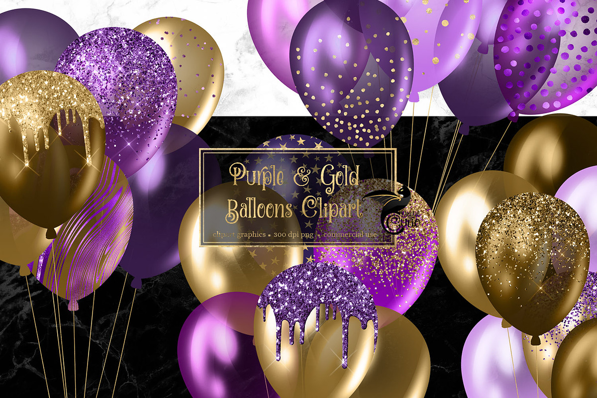 Purple and Gold Balloons Clipart in Illustrations - product preview 8