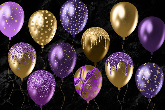 Purple and Gold Balloons Clipart in Illustrations - product preview 1