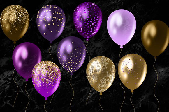 Purple and Gold Balloons Clipart in Illustrations - product preview 2