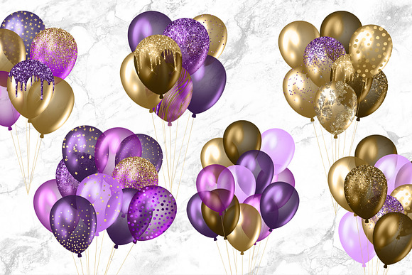 Purple and Gold Balloons Clipart in Illustrations - product preview 3