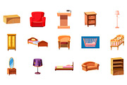 Furniture icon set, cartoon style