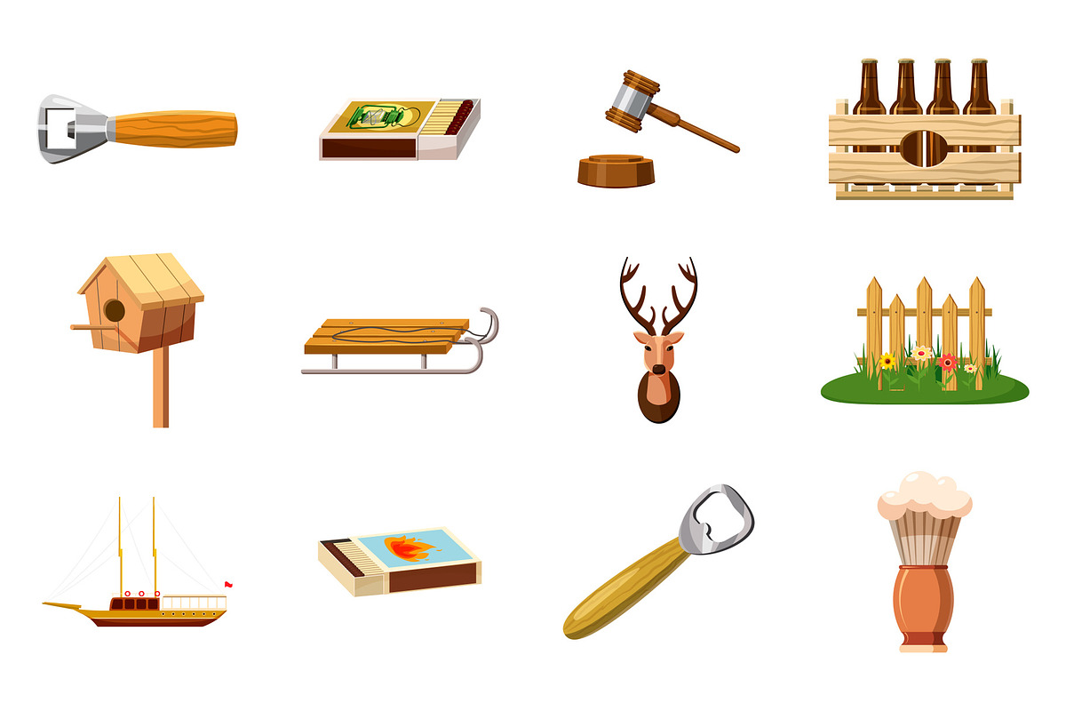 Wood object icon set, cartoon style in Illustrations - product preview 8