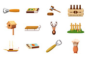 Wood object icon set, cartoon style