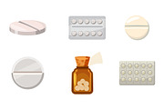 Pills icon set, cartoon style
