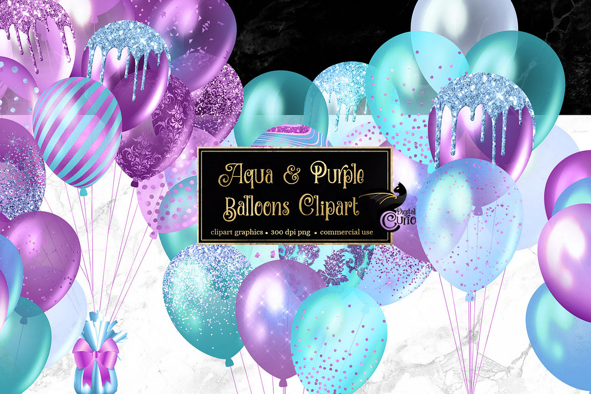 Aqua and Purple Balloons Clipart in Illustrations - product preview 8