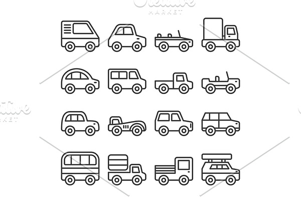Cars and Trucks Line Icons Set