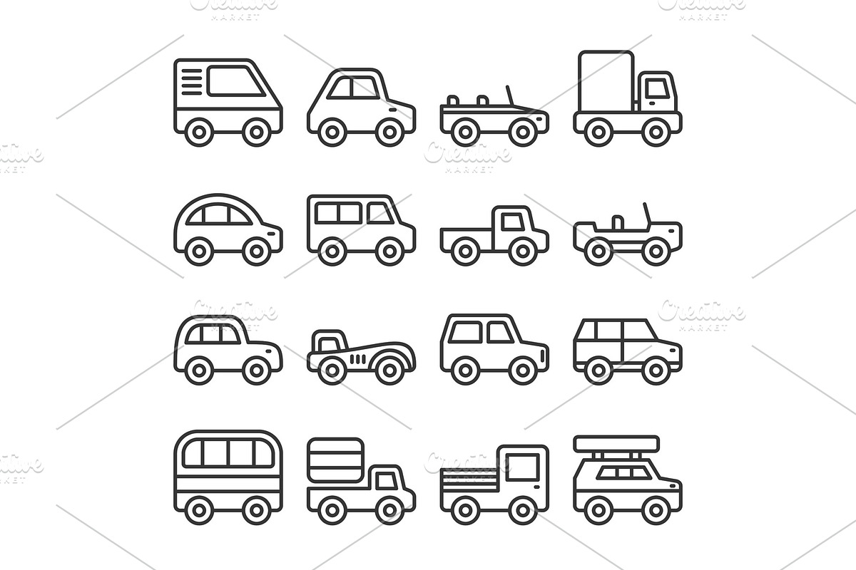 Cars and Trucks Line Icons Set in Illustrations - product preview 8