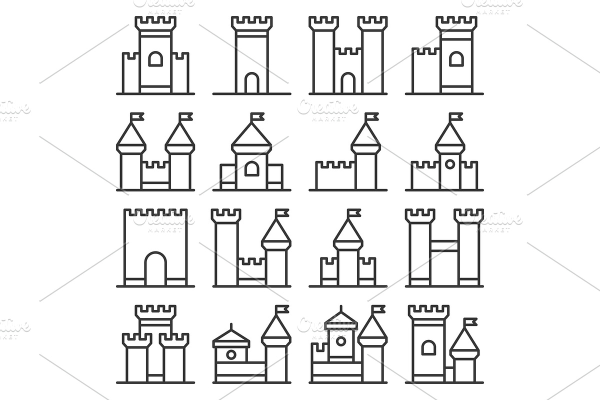 Castle Icon Line Style Set on White in Illustrations - product preview 8