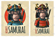 Monkey with samurai sword and japan