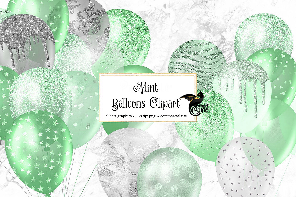 Mint Glitter Balloons Clipart in Illustrations - product preview 8