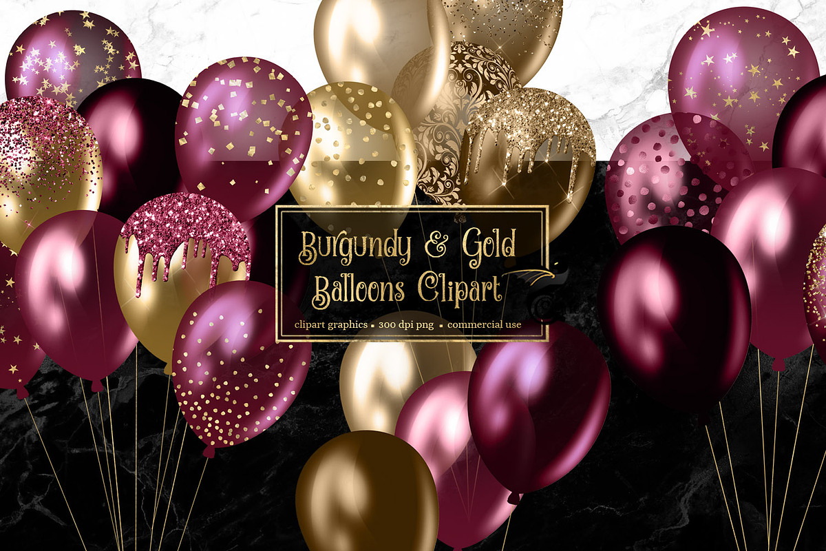 Burgundy and Gold Balloons Clipart in Illustrations - product preview 8