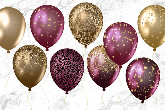 Burgundy and Gold Balloons Clipart in Illustrations - product preview 2