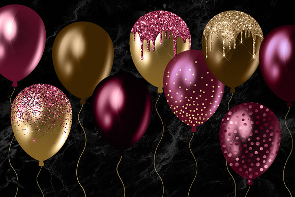 Burgundy and Gold Balloons Clipart in Illustrations - product preview 3