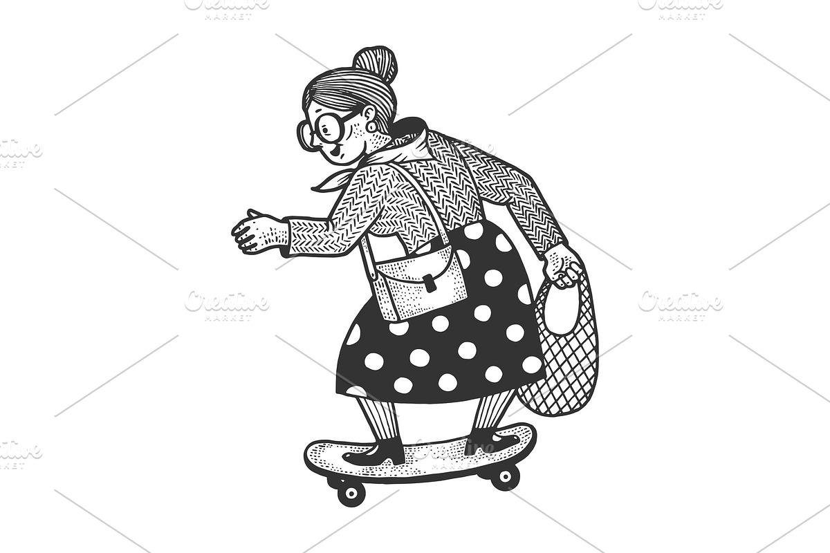 Old woman rides on skateboard sketch in Illustrations - product preview 8