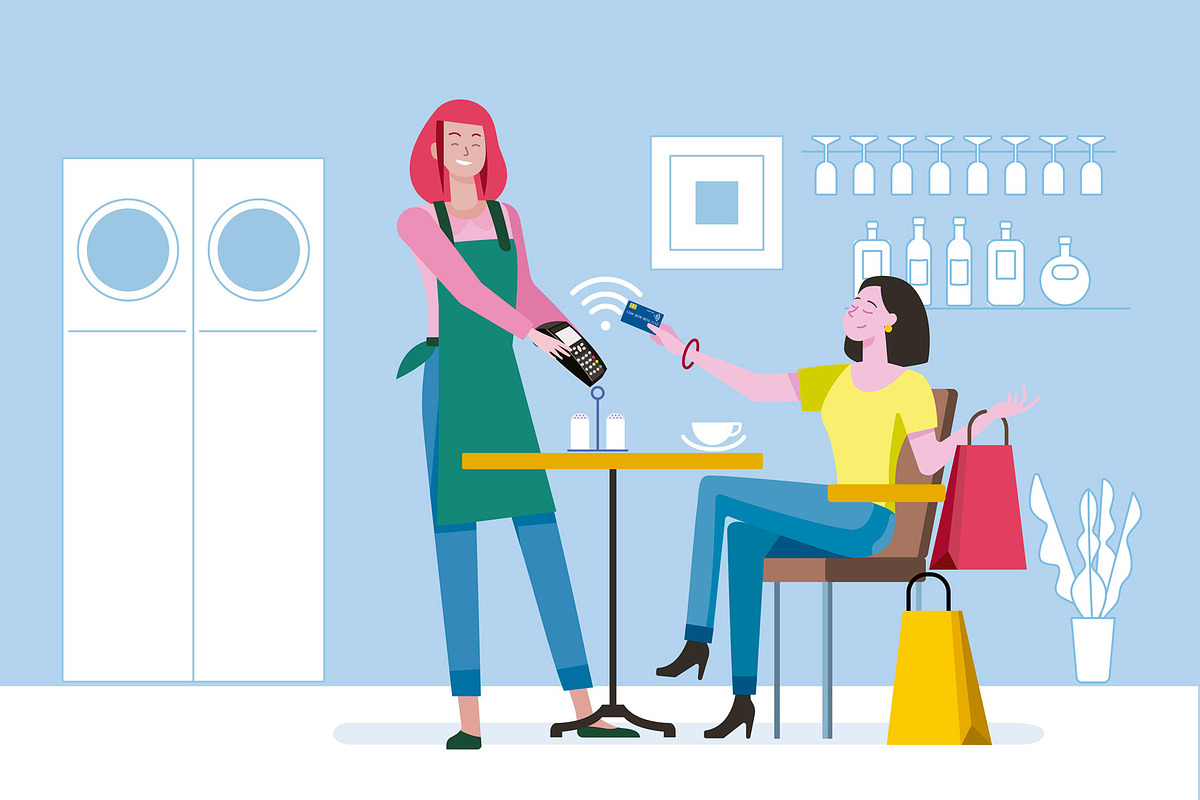 Woman paying contactless with card in Illustrations - product preview 8