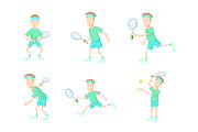 Tennisman icon set, cartoon style