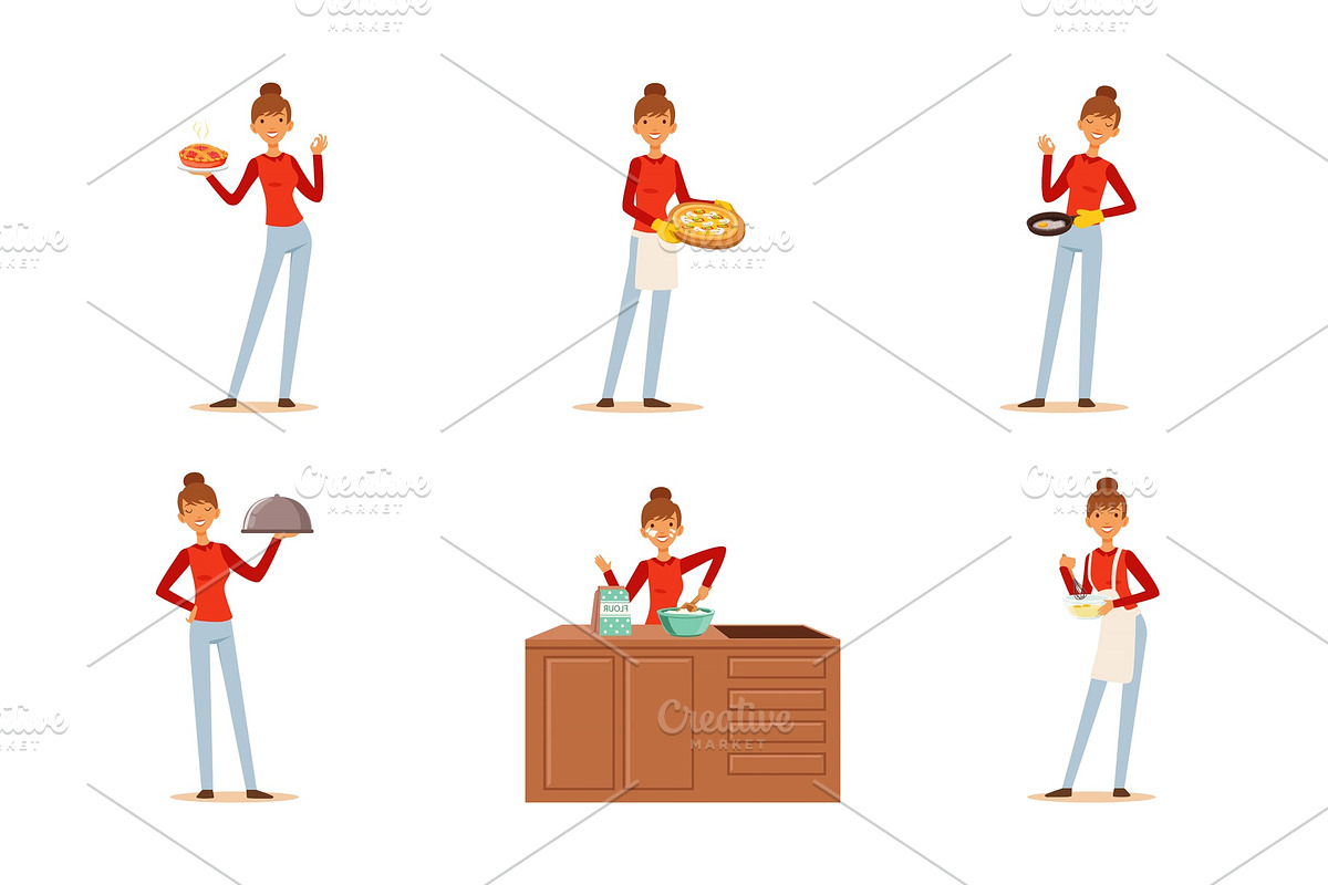 Cheerful Woman Cooking at Home in Illustrations - product preview 8