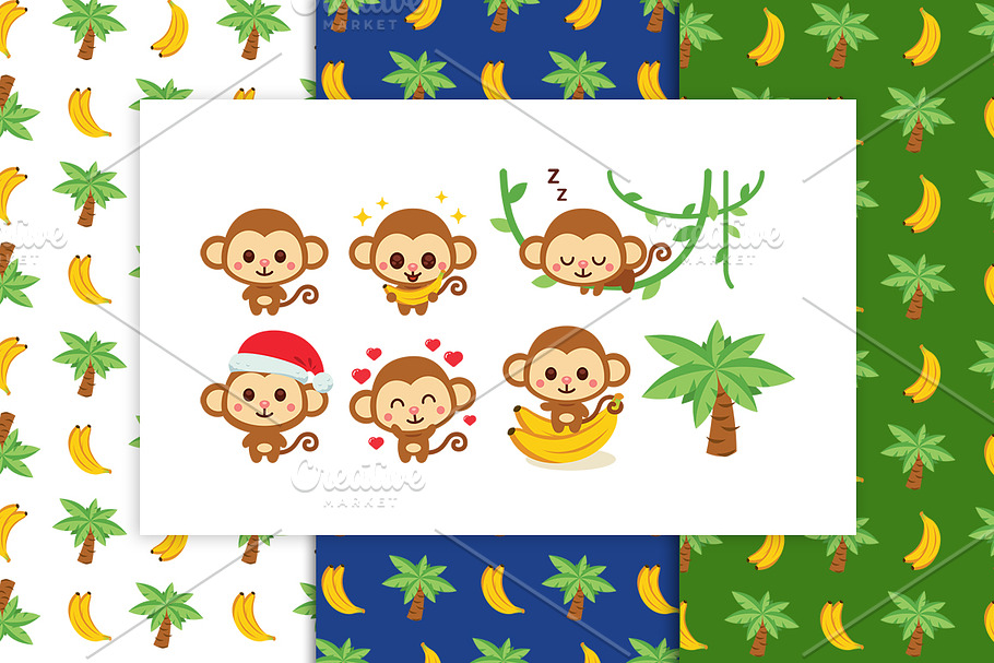 Monkey Clipart and Banana Pattern