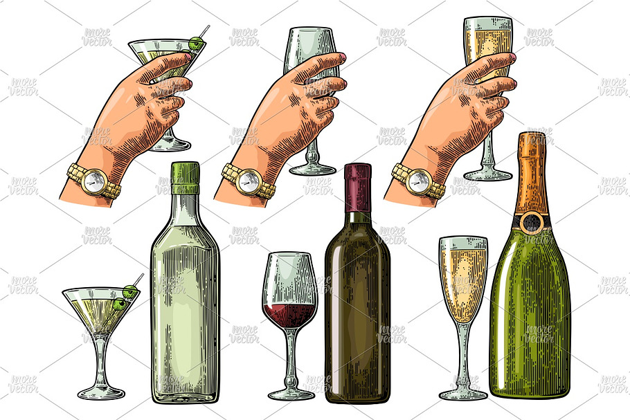 Set drinks cocktail wine champagne in Illustrations - product preview 8