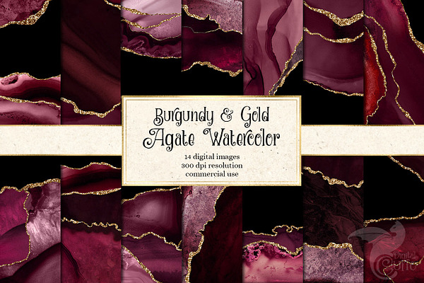Burgundy & Gold Agate Watercolor